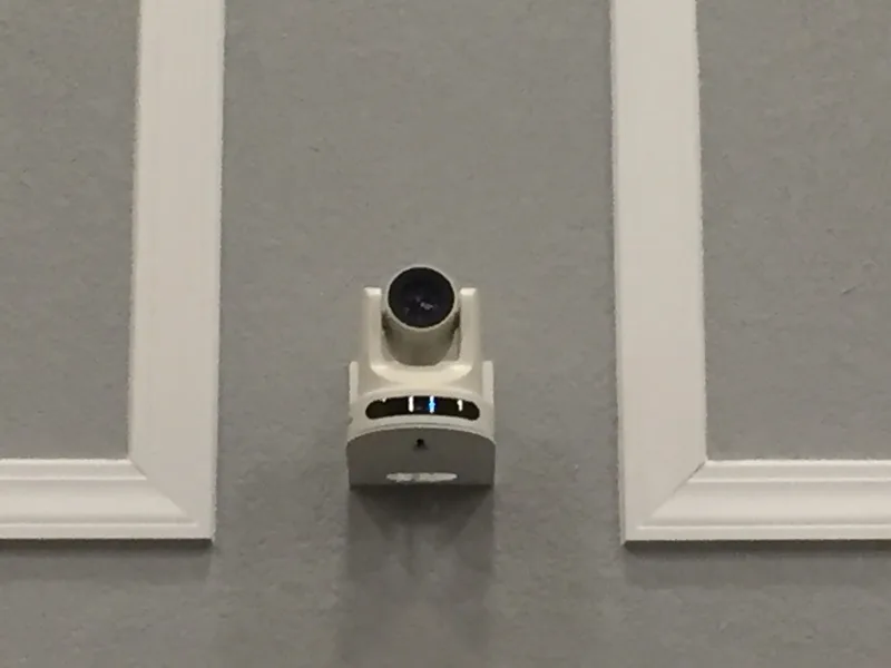 Wall-mounted production camera installed in the Gethsemane Baptist Church sanctuary