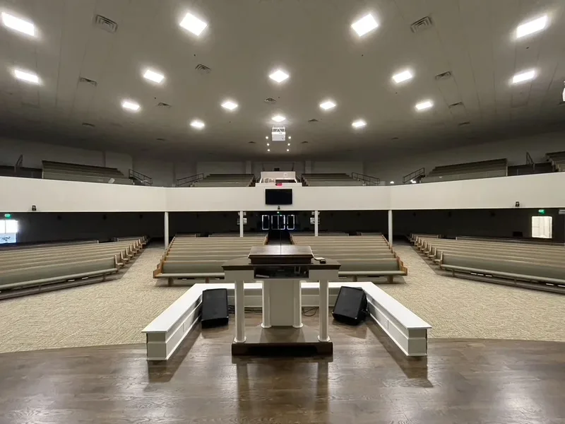 View from the choir loft across the completed Maple Springs auditorium and balcony